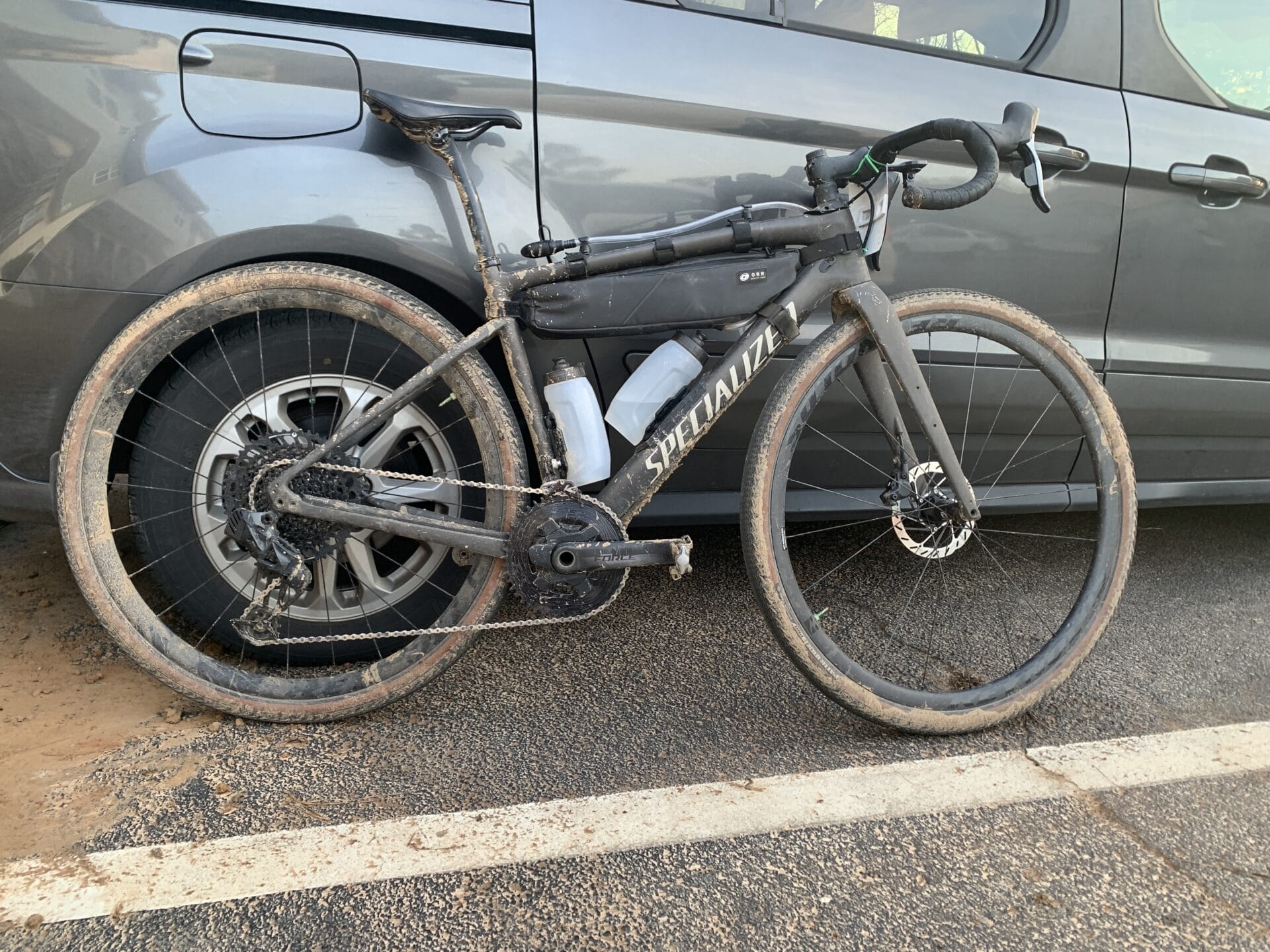 Gravel bike after race with mud