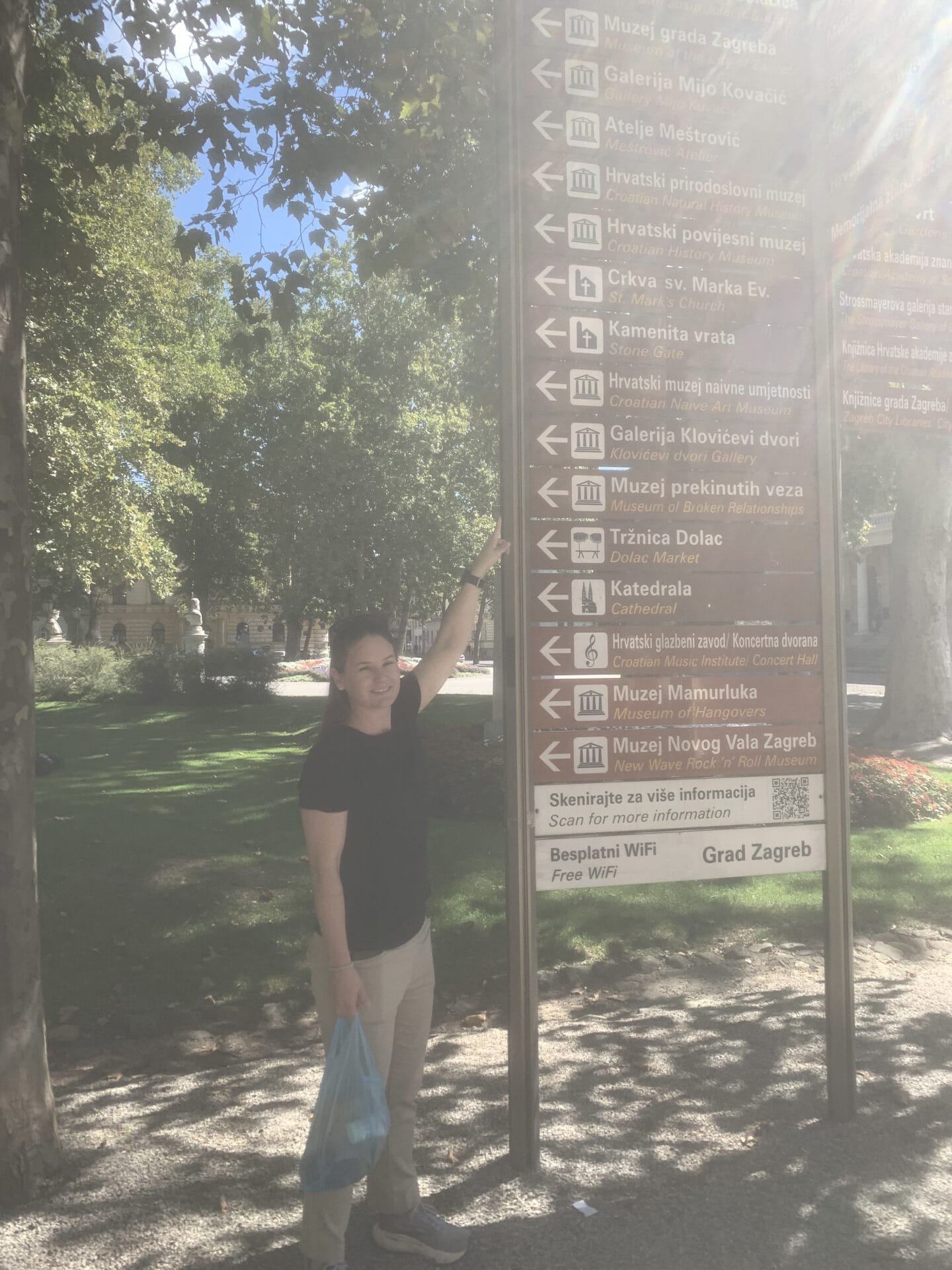 Sara standing next to a sign pointing out a lot of attractions in Zagreb.