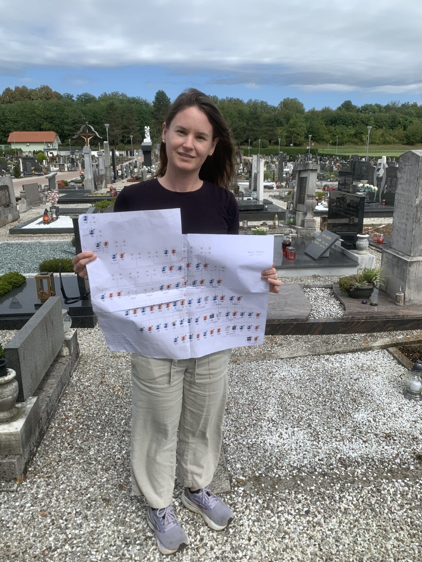 Sara with her family tree printed out.