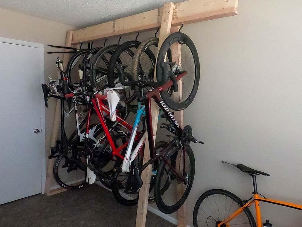 completed diy bike stand with bikes hanging